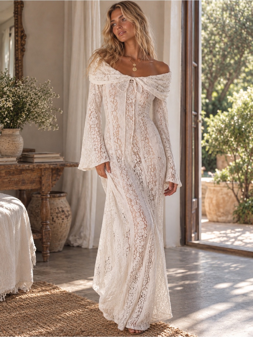 Source Unknown Off-Shoulder Lace Maxi Dress in Cream